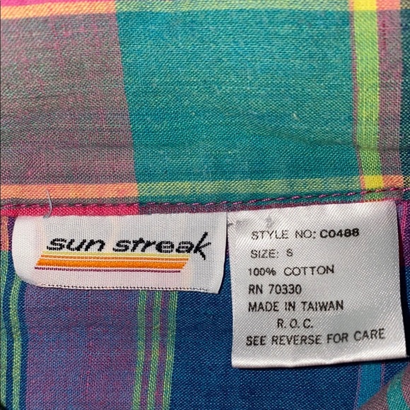 SUN STREAK plaid short sleeve button up multi color cotton camp shirt size S - Picture 6 of 10